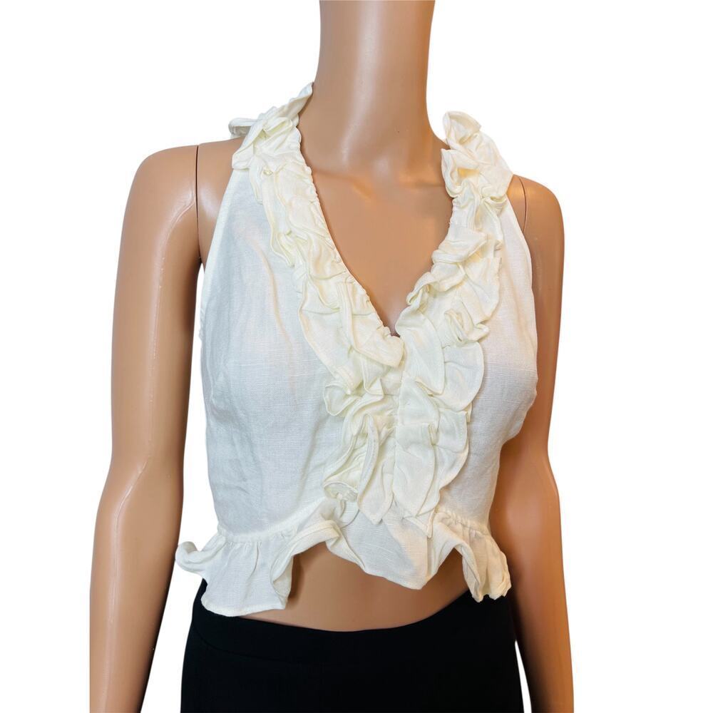 C/MEO Collective Linen Blend Cropped Ruffle Tank Blouse size S NWT Ivory - Picture 4 of 11